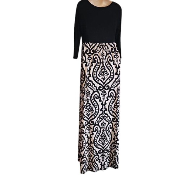 PinkBlush Maternity Black Mocha Damask Maxi dress stretch medium very long tall - Picture 6 of 15